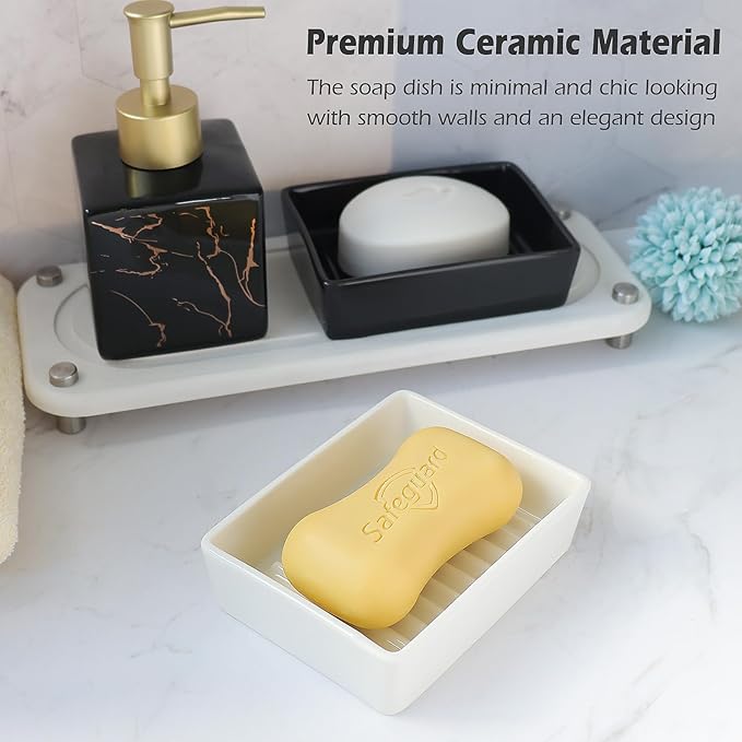 White Ceramic Soap Dish for Shower, Minimalist Soap Dish for Bathroom Sink and Bathtub, Non-Slip Soap Holder with Drainage, Classic Modern Style Soap Bar Tray Adds Beauty to Bathroom