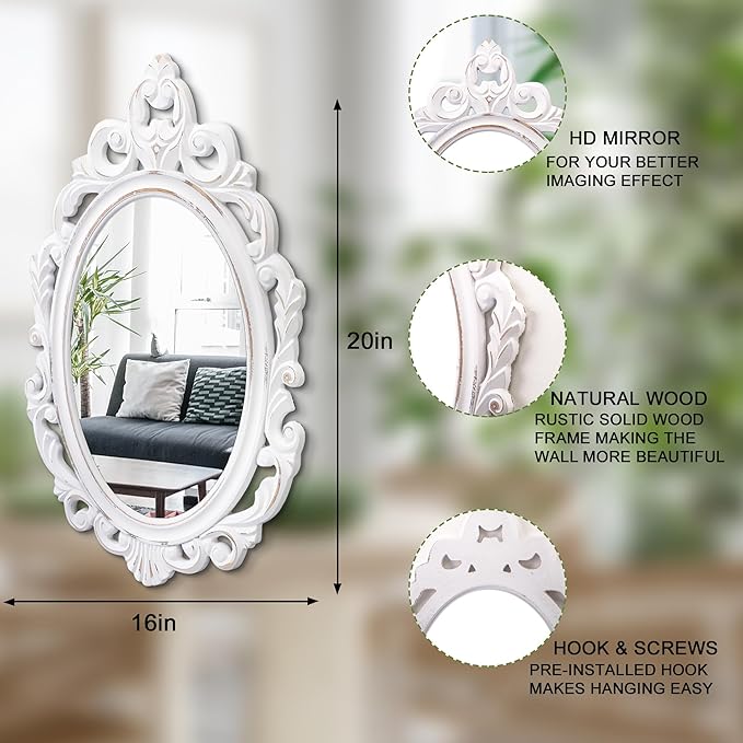 Vintage White Wall Mirror Baroque Style Wall Decor Antique Oval Ornate Accent Wood Bathroom Mirror Vanity Rustic Wall Mounted Mirrors Decorative Farmhouse Mirrors for Bedroom Living Room