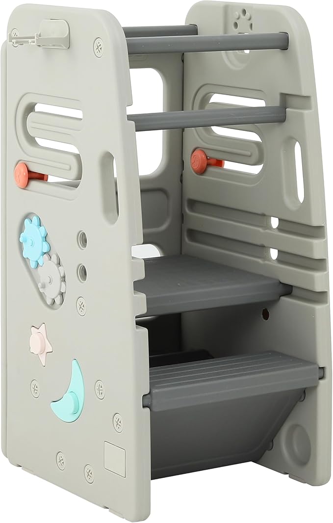 SDADI Multifunctional Toddler Tower with Double Safety Rails - Adjustable & Non-Slip for Kitchen and Bathroom Use - Montessori Step Stool for Kids, Dark Gray and Light Gray