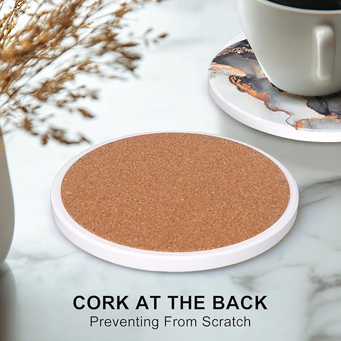 6 Pcs Black Marble Abstract Ceramic Coasters with Holder Best Round Drink Absorbent Coaster for Desk, Lounge, Coffee Table, Wine, Beverage, Bar Coasters Set