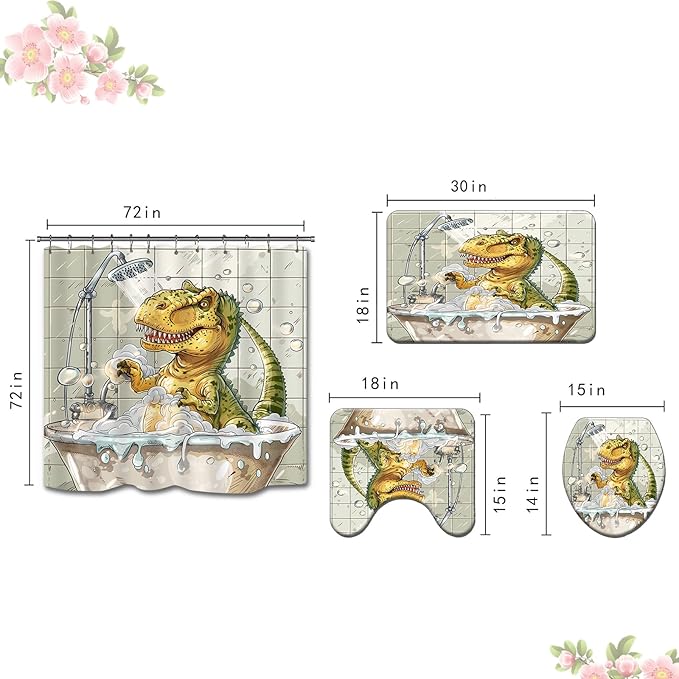 4PCS Dinosaur Shower Curtain Set with 12 Hooks for Bathroom Sets Dinosaur Decor, Non-Slip Rugs and Toilet Mat Lid Rug, Durable Waterproof for Bathroom Cartoon Dinosaur Decor 72x72 Inch