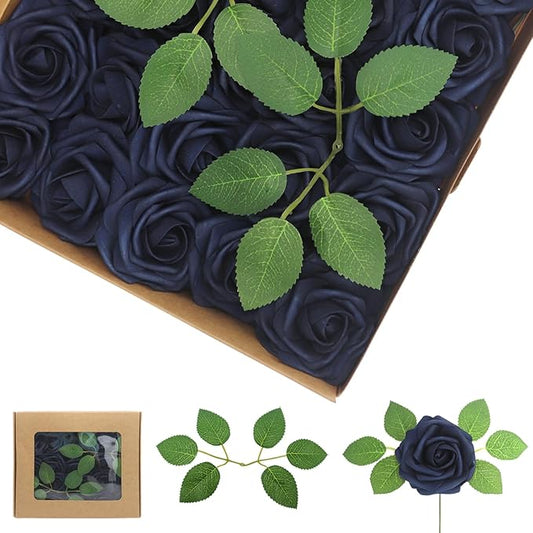 100Pcs Navy Blue Artificial Flowers Roses Real Looking Foam Fake Roses with Leaves and for DIY Wedding Bouquets Bridal Shower Centerpieces Party Decorations (Navy Blue, 100)
