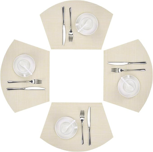 SHACOS Wedge Placemats Set of 4 Woven Vinyl Small Round Table Placemats Wipe Clean Table Mats for Round Dining Table Indoor Outdoor, Beige White