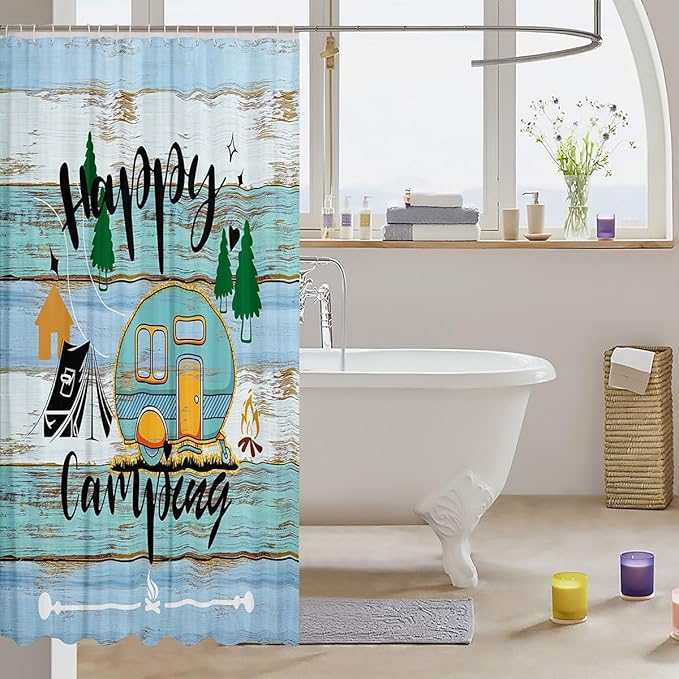 Feelyou Happy Camping Bathroom Waterproof Accessories with 12 Hooks Blue and Orange Camper Fabric Shower Curtain for Kids Farmhouse Style Shower Curtain Vintage Barn Door Curtains,72X84 Inches