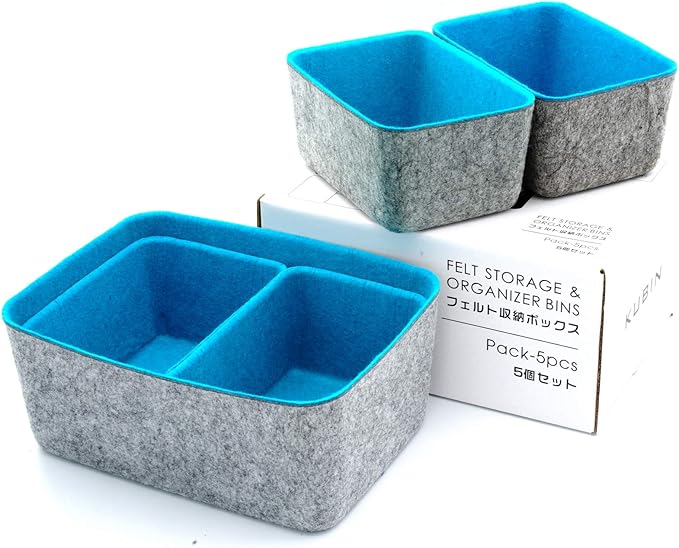 Welaxy office Drawer organizers bins Deep draw organiser Felt storage bin drawers Desk draw dividers boxes for toys makeup jewelery rolled ties organizing 5 pack (Turquoise)
