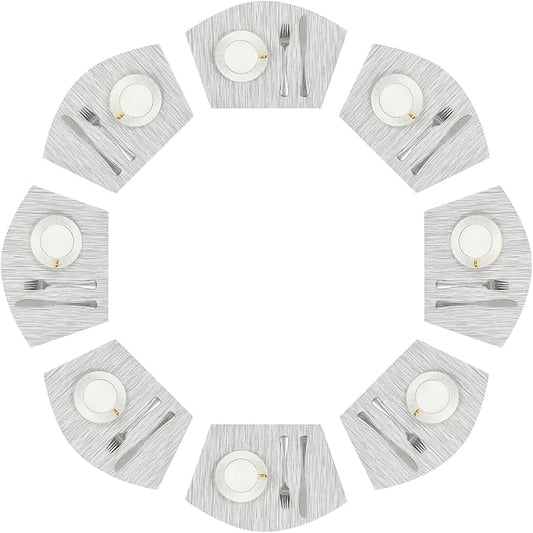 SHACOS Wedge Placemats Set of 8 Woven Vinyl Placemats for Small Round Table Place Mats Wipe Clean Non Slip Table Mats, Gray White