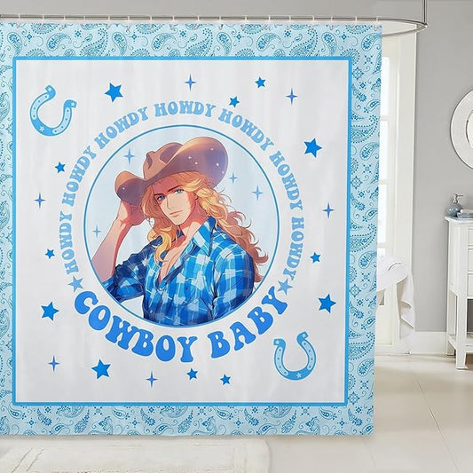 Western Cowboy Kids Shower Curtains,Starry Sky Horseshoes Geometric Patchwork Bathroom Curtains for Boys Men,Paisley Flowers Boho Blue Cartoon Waterproof Curtains,12 Hooks Suits,72" W x 84" L