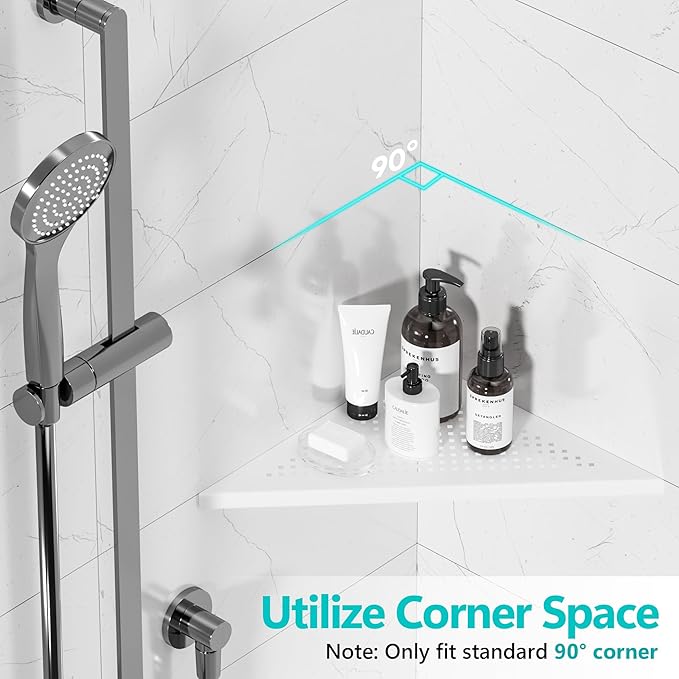Bathroom Corner Shelf, Recessed 12" Shower Shelf Caddy, SUS304 Stainless Steel Shelf Wall Mount Triangular, No Drilling, Matte White