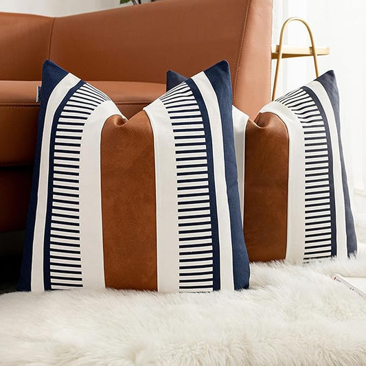 Decorative Accent Pillow Covers 20x20 Boho Couch Pillow Case Set of 2 Modern Farmhouse Stripe Cushion Cover for Sofa Bed Living Room, Navy Blue
