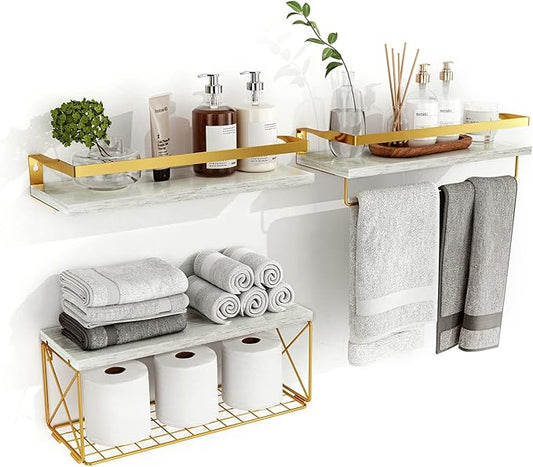 Bathroom Shelves with Wire Storage Basket, Floating Shelves Over Toilet with Protective Metal Guardrail, Wall Shelves for Bedroom, Living Room, Kitchen and Bathroom Toilet Paper