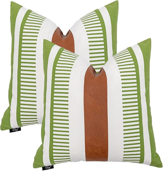 18x18 Throw Pillow Covers Set of 2 Farmhouse Rustic Pillow Case Decorative Boho Cushion Cover for Living Room Sofa Bed Couch Accent Faux Leather Pillow Cover,Grass Green