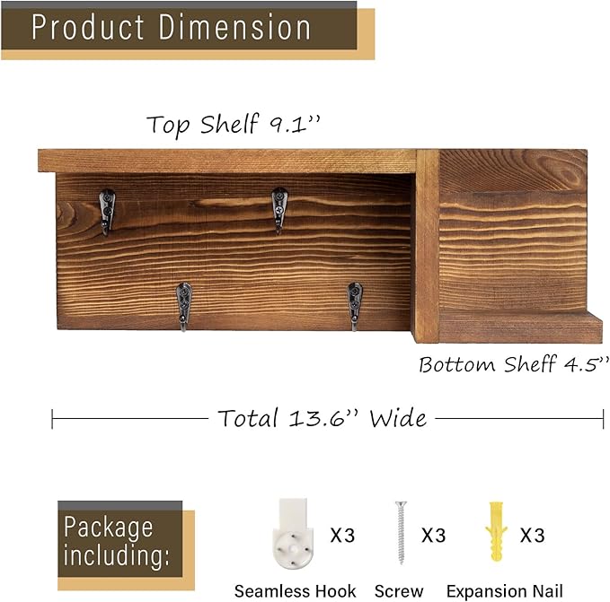 AKKO Wooden Key Holder for Wall Decorative Mail and Key Holder Organizer with 4 Key Hooks and “Z” Shape Wall Mount Floating Shelf,Rustic Home Decor for Wall, Entryway, Mudroom, Bathroom