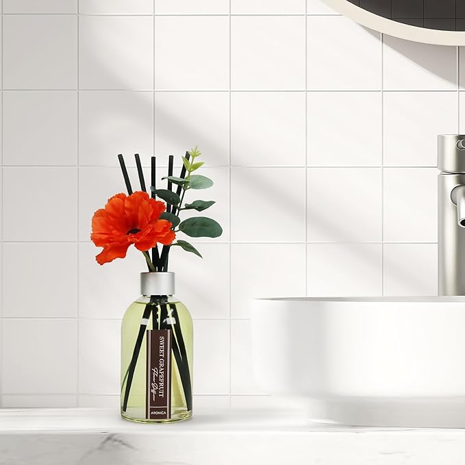 Aronica Grapefruit Reed Diffuser, Room Scent Diffuser with Red Flower, Difusor De Varillas, Aesthetic Room Decor, Apartment House Bathroom Essentials, Air Fresheners for Home Long Lasting