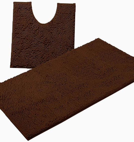 Bathroom Rugs Sets 2 Piece, Luxury Chenille Bath Mat Set, Soft Plush Anti-Slip Bath Rug + U-Shaped Toilet Mat. Microfiber Shaggy Carpet, Super Absorbent (24” x 36” & 20” x 24” U, Brown)