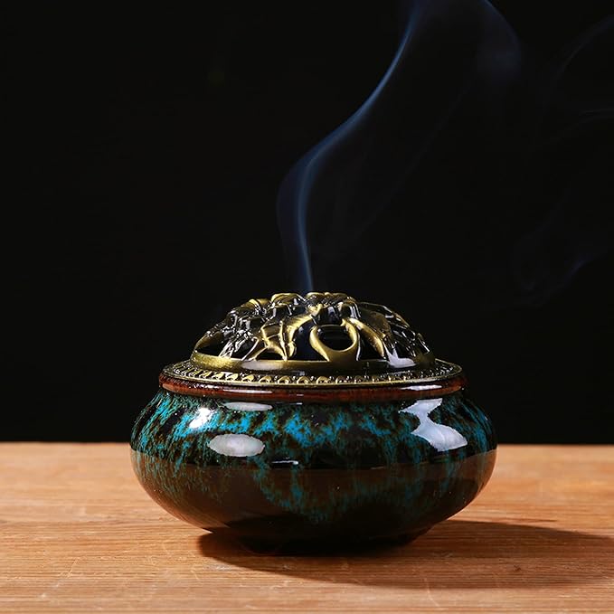 Ceramic Incense Burner with Incense Stick Holder + Insulation use for Stick or Coil Incense, Sage Cones and Frankincense (Fambe Blue)