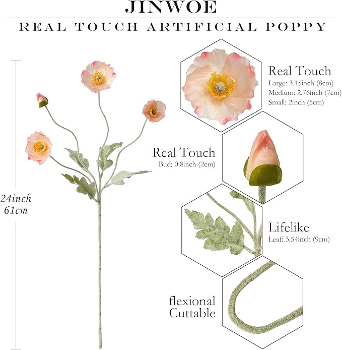 Boho Flowers Light Pink Poppy Artificial Flowers,6 Stems Poppies Lifelike Silk Flowers Fake Plant for Wedding Table Centerpiece Home Cemetery Bouquet Indoor