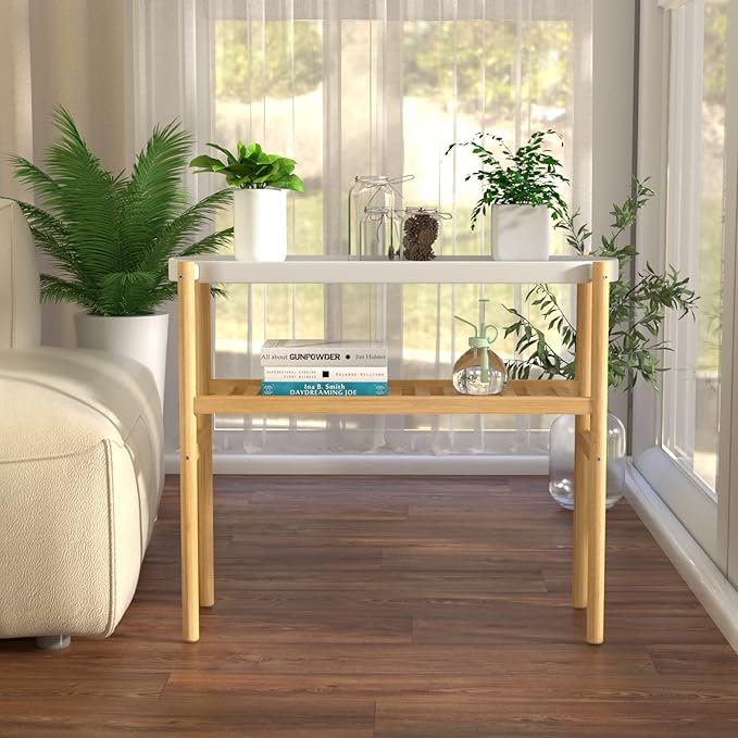 Bamboo Plant Stands Indoor, 2 Tier Steel Tray Plant Table Tall Corner Multiple Plant Holder Display Rack for Outdoor Garden Home
