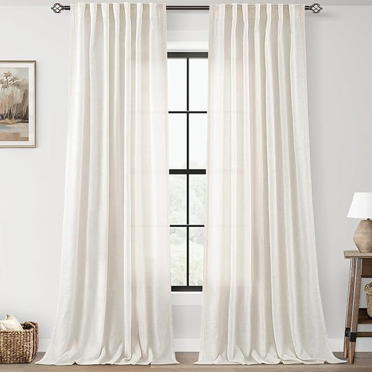 96 inch Long Linen Curtains 2 Panels for Living Room Back Tab Cream Ivory Light Filtering Semi Sheer Curtain 96 inches Long Boho Farmhouse Rustic Linen Drapes Floor to Ceiling Length 8 FT