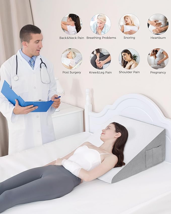 Wedge Pillow for Sleeping, 12 Inch Bed Wedge Pillow for After Surgery, Acid Reflux, Memory Foam Top Triangle Pillow Wedge for Head, Back, Leg with Knitted Breathable Cover