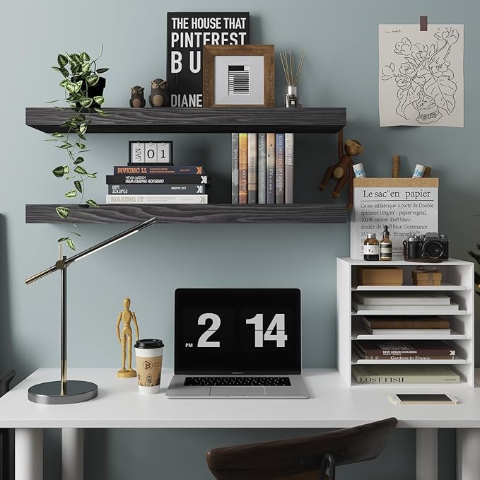 Floating Shelves for Wall - 32 x 9 Inch Natural Wood Shelves for Bathroom, Bedroom, Kitchen Decor, Farmhouse Decor Set of 2, Black