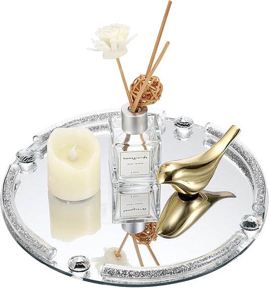 Hipiwe Crushed Diamond Perfume Tray - 9.8" Round Mirror Vanity Trays Glass Decorative Trays for Bathroom Countertop Cosmetic Makeup Organizer Tray Silver Jewelry Trays