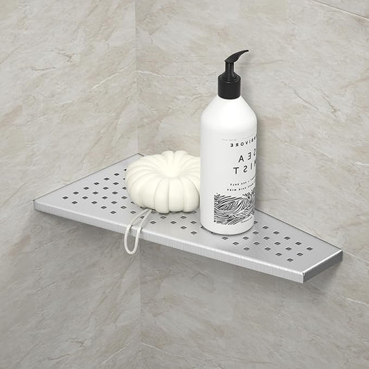 Corner Shower Shelf, Brushed 12" Trapezoid Floating Shelf, 304 Stainless Steel Grid Design Recessed Bathroom Shelf for Tiled Wall, No Drilling