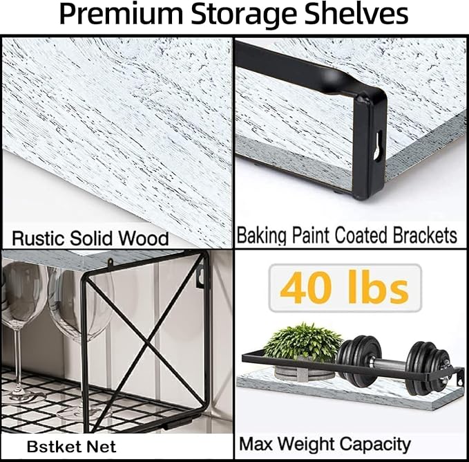 Bathroom Shelves with Wire Storage Basket, Farmhouse Wood Floating Shelves Over Toilet with Protective Metal Guardrail, Wall Shelves for Bedroom, Living Room, Kitchen and Bathroom Toilet Paper