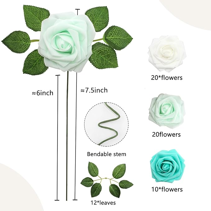 50PCS Artificial Flowers Green Series Roses Real Looking Foam Fake Roses with Leaves and for DIY Wedding Bouquets Bridal Shower Centerpieces Party Decorations (Green Series, 50)