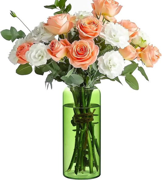 ComSaf Glass Flower Vase, 8 Inch Tall Bud Vases, Home Decor Vases for Centerpiece for Living Room and Bedroom, Decorative Vases for Wedding, Valentines' Day, Mother's Day (Green)