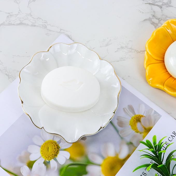 Elegant Bathroom Soap Dish, Inspired by Nature Hibiscus Flower, Ceramic Soap Dish Holder, Self-Draining and Multiple Styles for Bathroom Kitchen Accessories