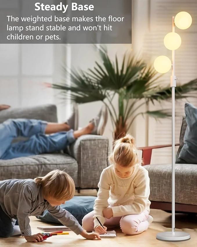 64IN Dimmable White Floor Lamp, Tall Standing Lamps with 3 Globe Soft Warm White Eye Care 3000K G9 Bulbs, Mid Century Modern Floor Lamp for Bedroom Office