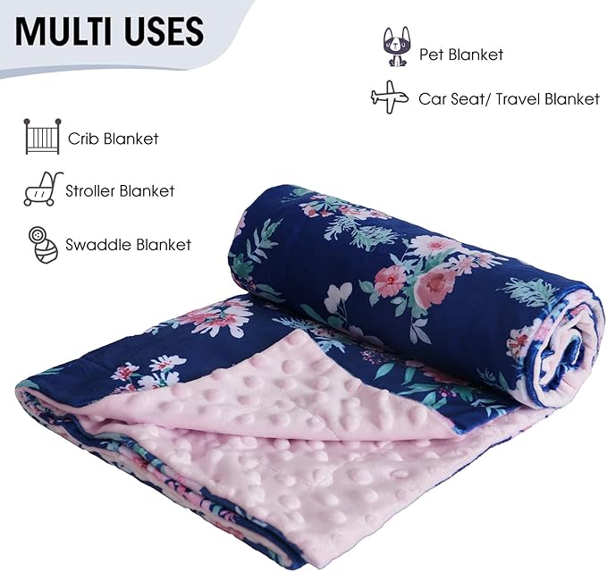 Minky Baby Throw Blanket for Girls, 50x60 Inches Soft Lightweight Micro Fleece Blanket with Double Layer, Dotted Backing, Breathable Receiving Blanket for Newborns, Navy Floral