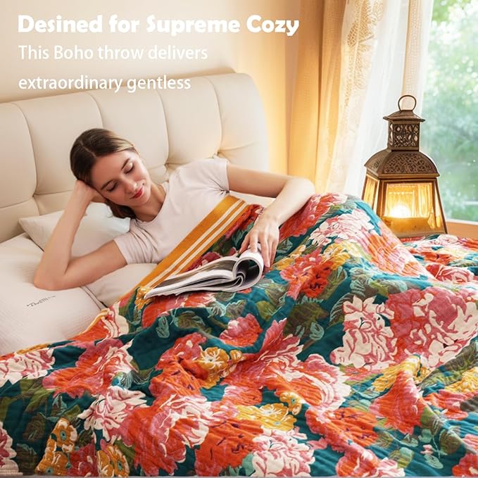 Boho Throw Blanket, 100% Organic Cotton Breathable Ultra Soft Bed Quilt Throw - All Season Floral Bird Butterfly Farmhouse Decor Blanket for Sofa Couch Chair and Gift. 80" x 90"