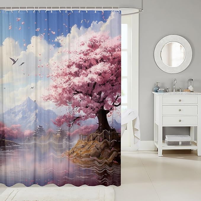 Feelyou Cherry Blossom Fabric Shower Curtain Floral Bathroom Waterproof Accessories with 12 Hooks for Kids Teens Adults Nutrue Theme Shower Curtain Tree of Life Curtains,72x84 Inches