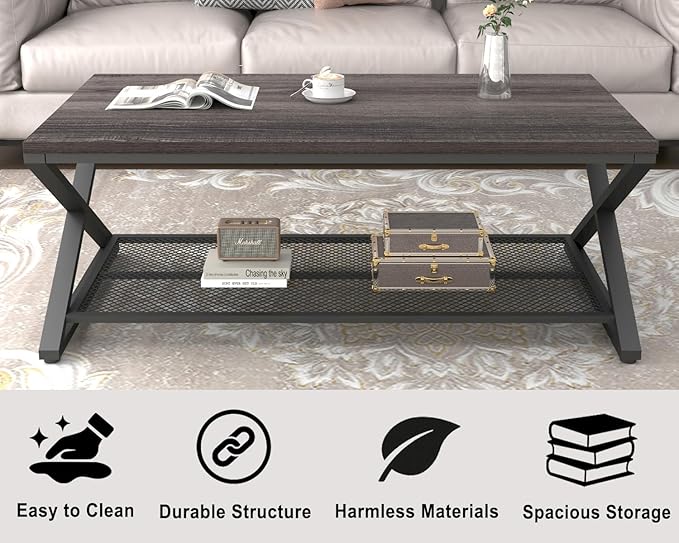LVB Industrial Grey Coffee Table, Wood Metal 2 Tier Center Table with Storage, Rectangular Low Cocktail Table for Living Room, Farmhouse Concrete Tables for Home Office Bedroom, Dark Gray Oak, 47 Inch