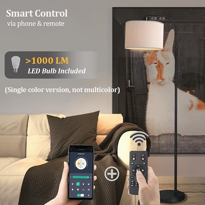Black Floor Lamp with Remote Control, Adjustable Height Arc Floor Lamps for Living Room, Black Standing Lamp Dimmable Floor Lamp for Bedroom, Office, 1000 Lumens LED Smart Bulb Included,