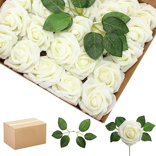 200PCS Milk White Artificial Flowers Roses Real Looking Foam Fake Roses with Leaves for DIY Wedding Bouquets Bridal Shower Party Decorations (Ivory, 200)