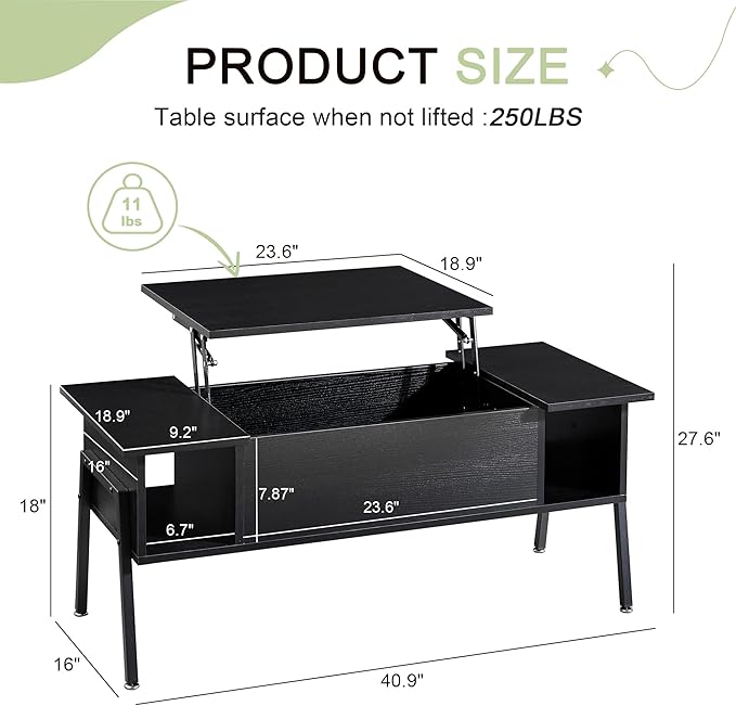 VECELO Wood Lift Top Coffee Table with Hidden Compartment and Storage Shelf for Living Room/Office Reception, Rising Tabletop, Black