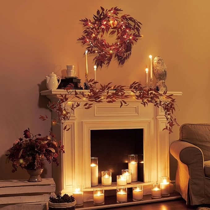 Artificial Hanging Willow Vine Twigs Whit Light 2Pcs 5.7Ft Fake Fall Garland Faux Silk Willow Leaves Ivy Indoor Outdoor Wedding Jungle Birthday Autumn Wreath Thanksgiving Christmas Party Decor