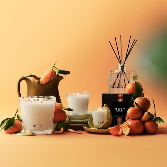 NEST New York Reed Diffuser, Sicilian Tangerine - 5.9 fl oz - Fragrance for Up to 90 Days - Reusable, Refillable Glass Holder - Includes 8 All-Natural Reed Sticks - Flame Free