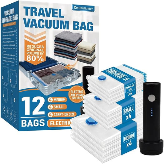Travel Vacuum Storage Bags with Electric Pump, 12 Combo Travel Packing Bags for Luggage and Suitcase, Carry-on Size Compression Space Saver for Clothes and Clothing