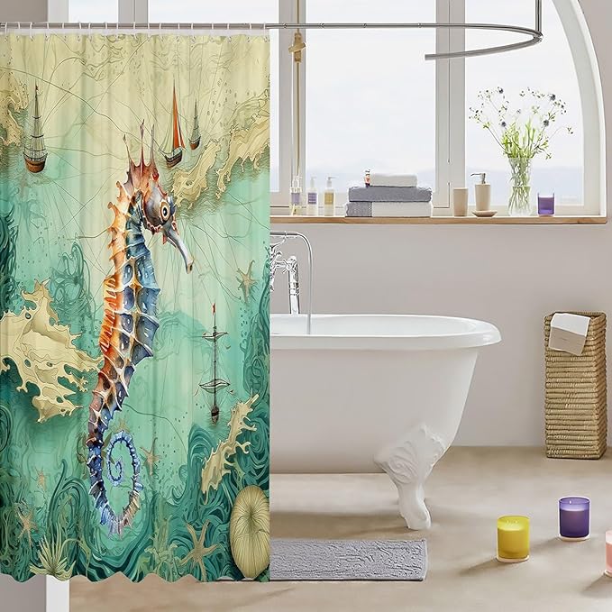 Feelyou Seahorse Shower Curtain 72"x72" Kids Sailboat Printed Bathroom Shower Curtain Set for Boys Girls Teens Ocean Themed Bath Curtain Marine Life Sealife Bathroom Accessories