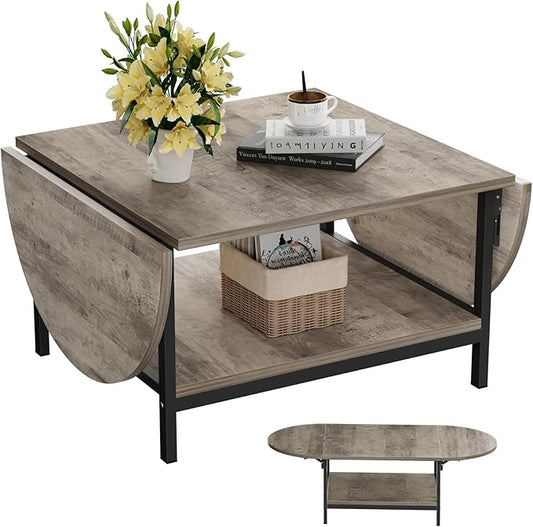 SAYGOER Coffee Tables for Living Room 2-Tier Extended Coffee Table with Storage Vintage Farmhouse Center Table for Large or Small Spaces, Foldable, Gray Wash