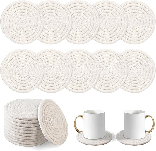 Vivinin 10 Psc Cotton Absorbent Boho Coasters for Drinks, Woven Cup Set, Beige, 4.3inch - Room Decor, Bar, Housewarming Gift