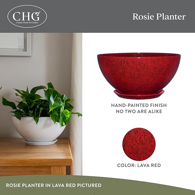 Classic Home and Garden Rosie Modern Planter w/Drainage - Contemporary Planter Bowls - Shallow Round Vases for Small Plants - Versatile Indoor & Outdoor Pots (10” Lava Red)