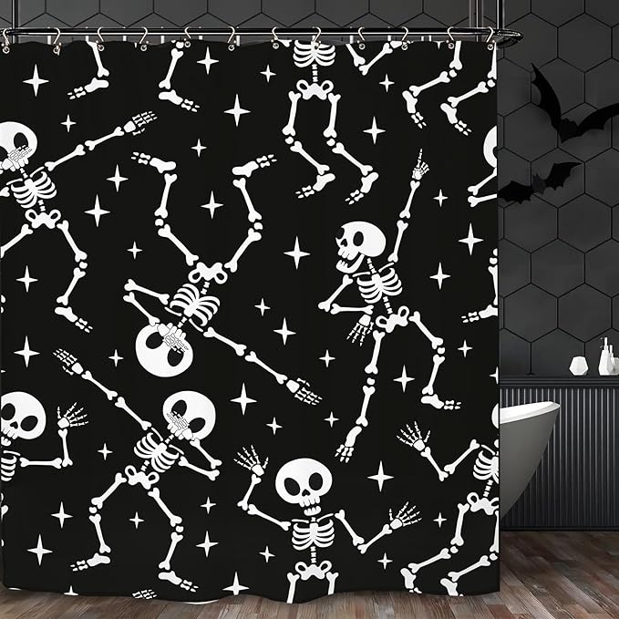 Skull Skeleton Halloween Shower Curtain 60Wx72L Inch Funny Black White Scary Horror Spooky Dancing Day of The Dead Holiday Bathroom Set Accessories Decor with 12 Pack Hooks