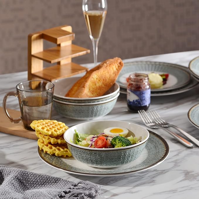 Melamine Dinnerware Sets,12pcs Plates and Bowls Sets, Melamine Dishes Set for 4, Unbreakable,Dishwasher Safe, BPA Free,Great for Indoor Use,Camping, BBQ,RV, Party,Rustic Style (Teal)