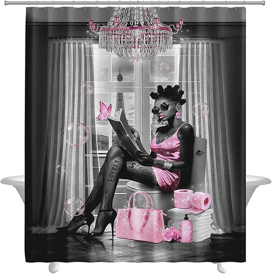 African American Shower Curtain Fashion Black Girl Shower Curtains for Bathroom Decor Grey Pink Waterproof Polyester Fabric Afro Black Women Bathroom Curtain with Hooks 66x72 Inch
