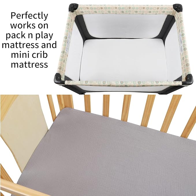 Muslin Pack n Play Sheets Soft Breathable 100% Cotton Mini Crib Fitted Sheets Portable/Convertible Playard Mattress Cover 2 Pack for Baby Boy and Girl, White and Grey