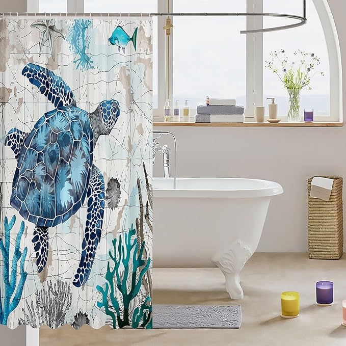Feelyou Sea Turtle Shower Curtain Ocean Theme Fabric Shower Curtain for Kids Boys Girls Nautical Bathroom Waterproof Accessories with 12 Hooks Ocean Creature Curtains,72x72 Inches